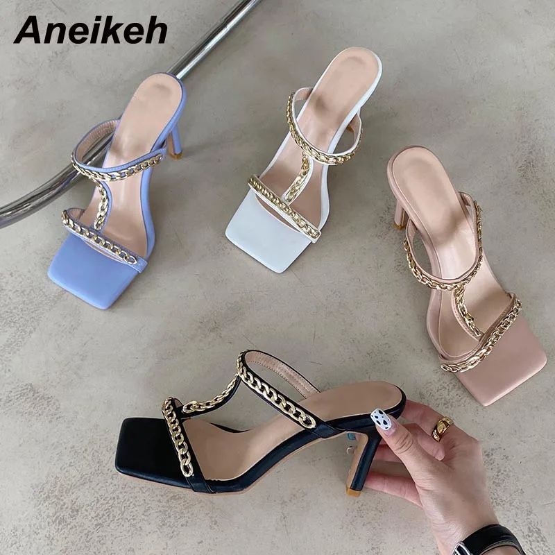 

Aneikeh 2021 Summer High Heel Head Peep Toe Shallow Shoes Fashion Metal Chain Slip On Women Mules Concise Outside Slippers 35-39