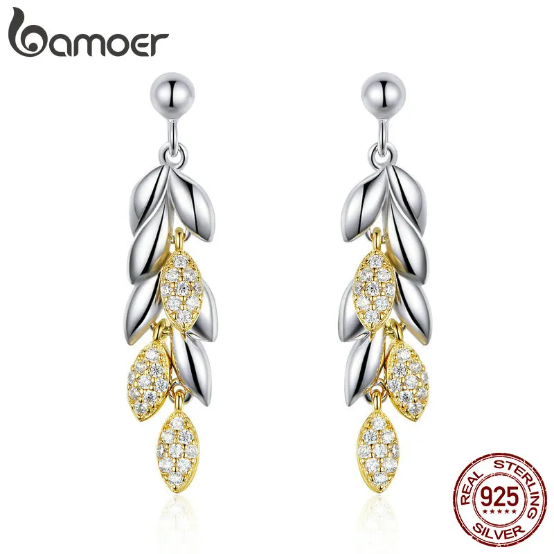 BAMOER, 925 пробы, серебряные, уникальные, пшеничные, висячие серьги для женщин, золотой цвет, листья пшеницы, серьги, Стерлинговое Серебро, ювелирное изделие, BSE025