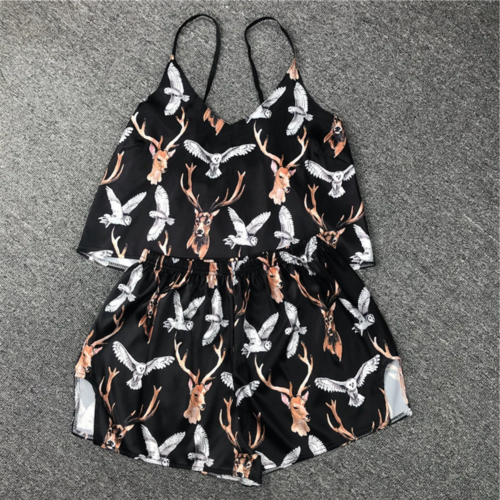 

Animal Cartoon Print Lovely Sleepwear Home Suit Summer V Neck Sexy Pyjamas Women Spaghetti Strap Loose Pijama Satin Femme Cat