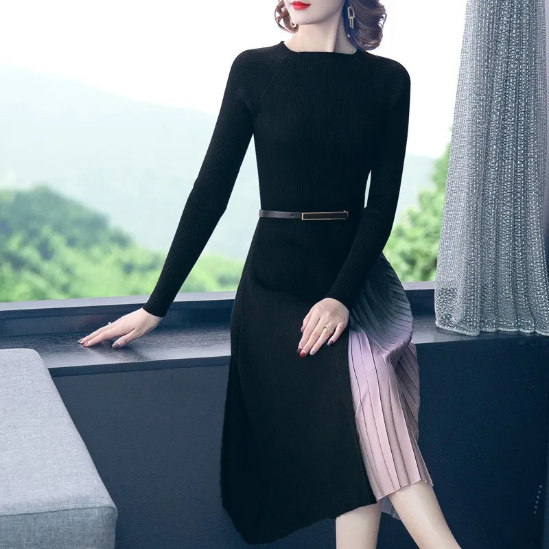 Женское осенне зимнее Элегантное трикотажное плиссированное платье средней