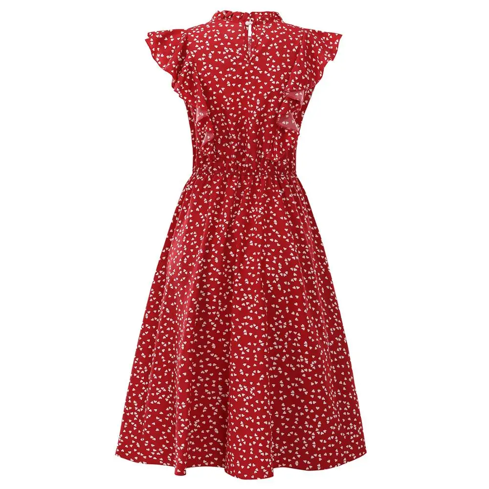 

Ruffle Dress Women Elegant Summer Floral Print Chiffon A-line Sundress Casual Fitted Clothes To Knees 2020 Red Dresses For Women