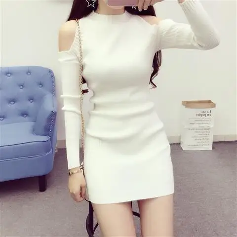 

2020 spring and autumn new women's halter neck strapless long-sleeved knitted bottoming dress women's hip