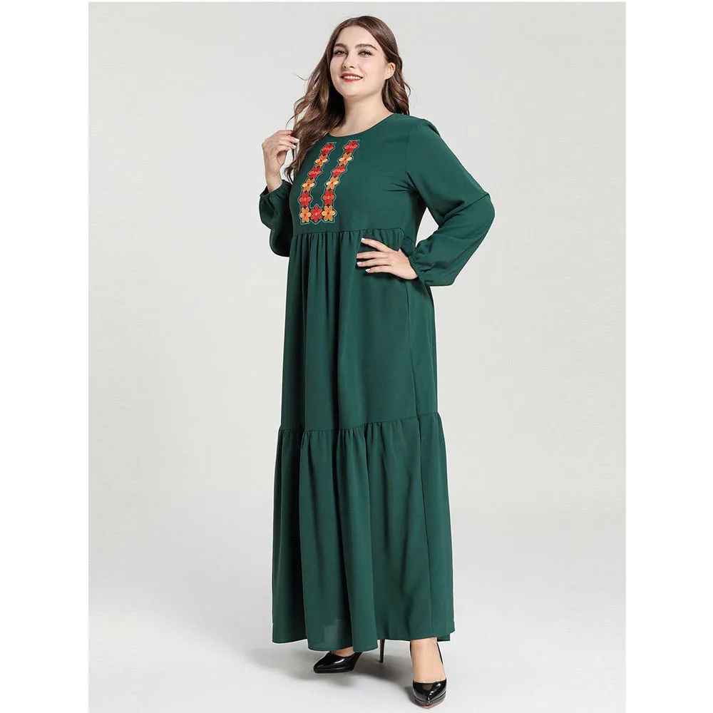 

Middle East Dubai Muslim Women Long Dress Embroidery O-neck Plus Size Arab Abaya Ethnic Style Turkish Draped Design Pakistan New