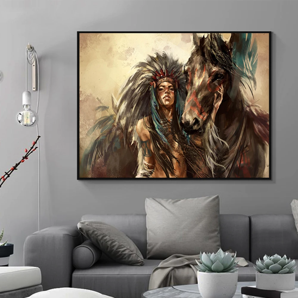 HDARTISAN Настенная картина на холсте Девушка индийская фигурка перьями для гостиной