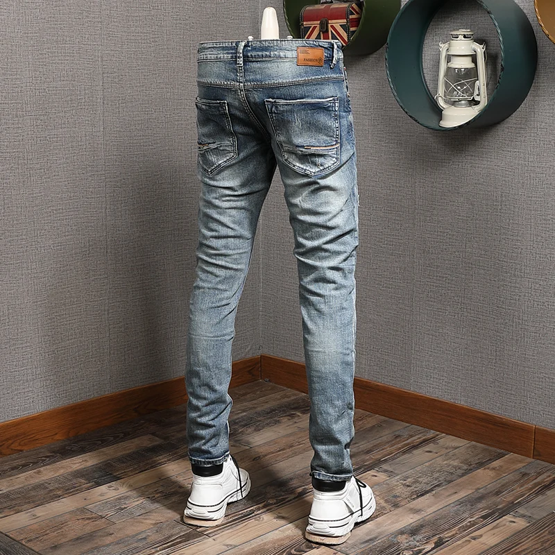 European American Vintage Fashion Men Jeans Retro Blue Elastic Slim Fit Ripped Jeans Men Distressed Designer Denim Pencil Pants