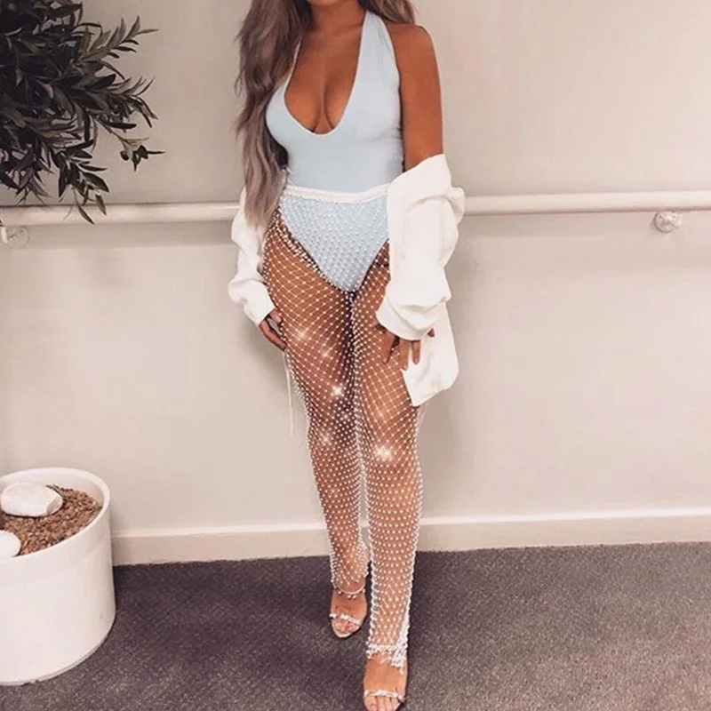 

Женские сетчатые брюки с кристаллами и бриллиантами, сексуальные летние прозрачные свободные длинные брюки, новая пляжная одежда 2020