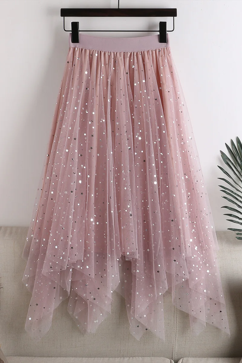 

Summer New Style High Waist Slimming Sequins Glittering Irregular Double-Layer Mesh Skirt Mid-Length Skirt W586