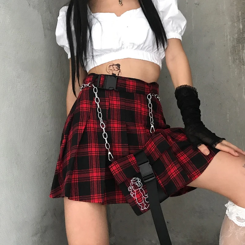 Harajuku Plaid Skirt Women Japanese Jk High Waist with Chain Pocket Mini Summer Streetwear Goth Punk Red Pleated Skirts | Женская одежда