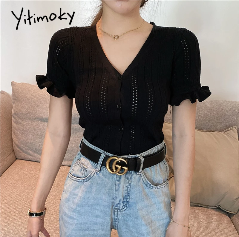 Женский короткий кардиган с вырезами вязаный свитер v-образным вырезом и