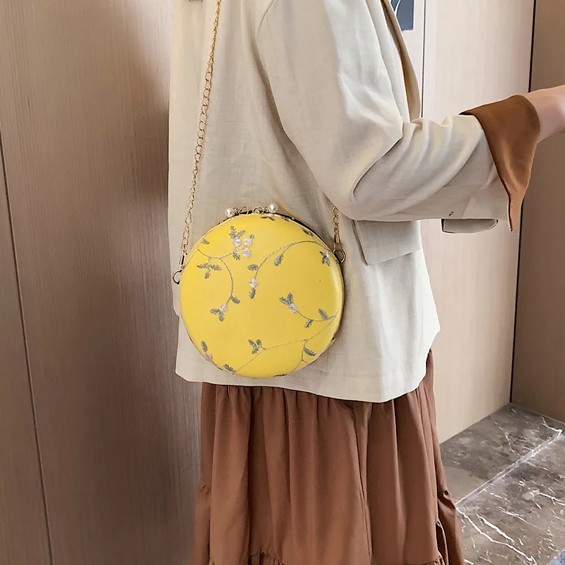 Женские круглые вечерние сумки-клатчи с вышитыми цветами сумки на плечо золотой