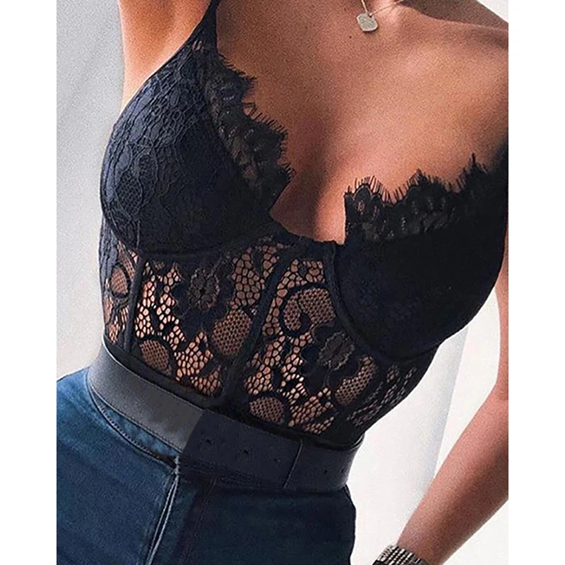 

Women Sexy Black Lace Bodysuits Rompers Lace spaghetti Strap Splicing Bodysuit Top