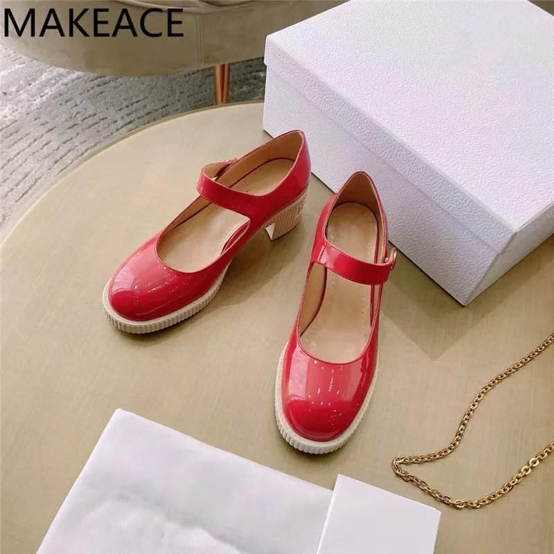 

New Square Heels Shoes Women Genuine Leather Mary Jane Shoes Woman Round Toe One Strap Thick Sole Chunky Heels Shoes Woman 2021