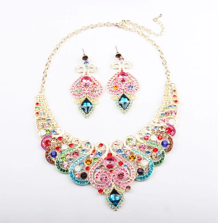 

Hot Sale Colorful Crystal Clavicle Chain Necklace and Earrings Set Bridal Wedding Jewelry Sets for Woman Costume Luxury Jewelry