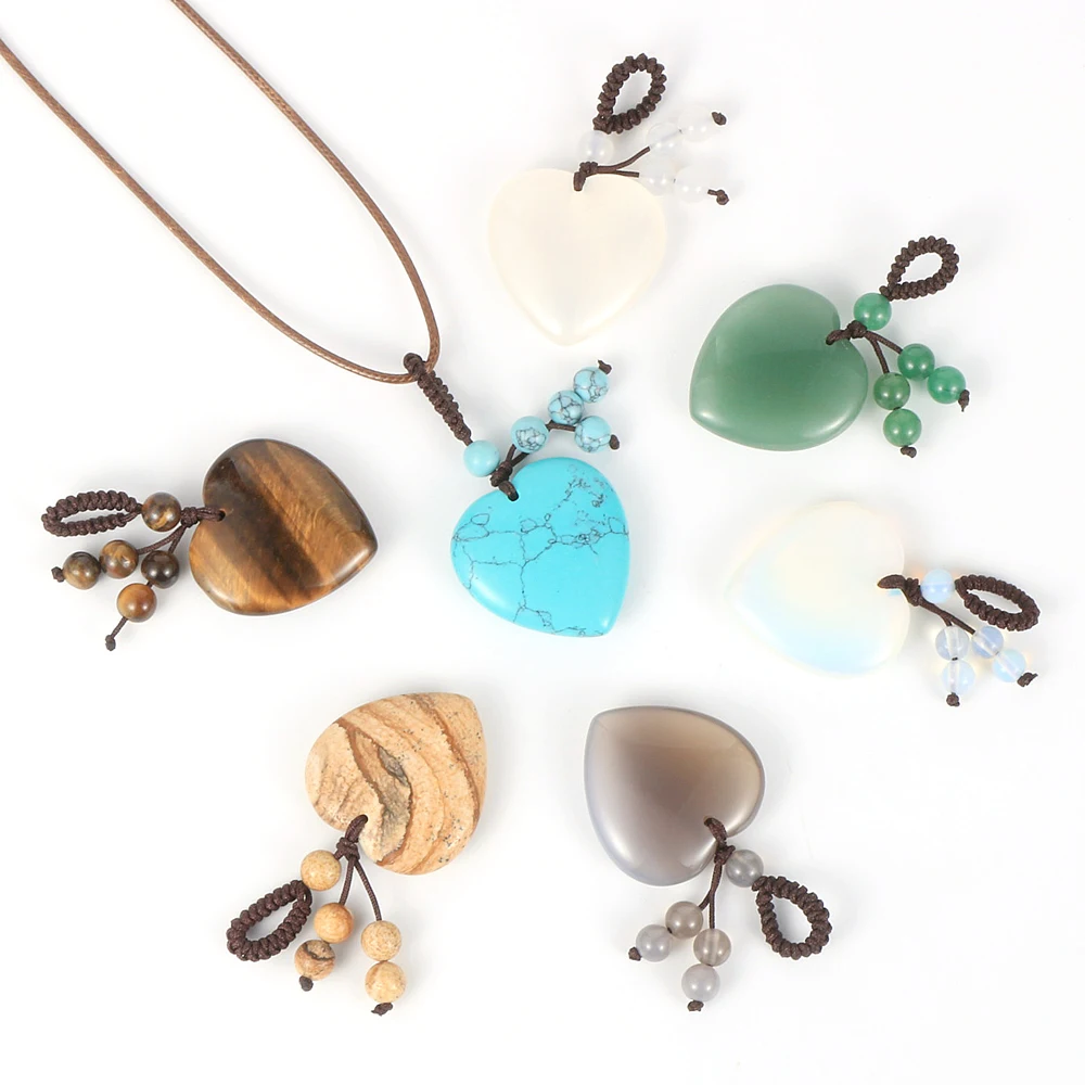 

Fashion Women Natural Gem Stone Love Heart Pendant Necklace Turquoises Onyx Opal Tiger Eye Stone Pendants Neck Jewelry For Lover