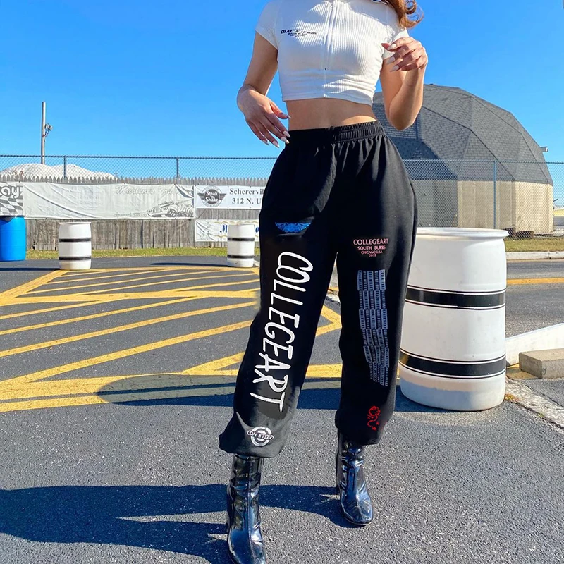 

Women Sports Pants,Spring and Autumn New Fashion Letters Print High Waist Slimming Casual Party Street Black Trousers Sweatpants