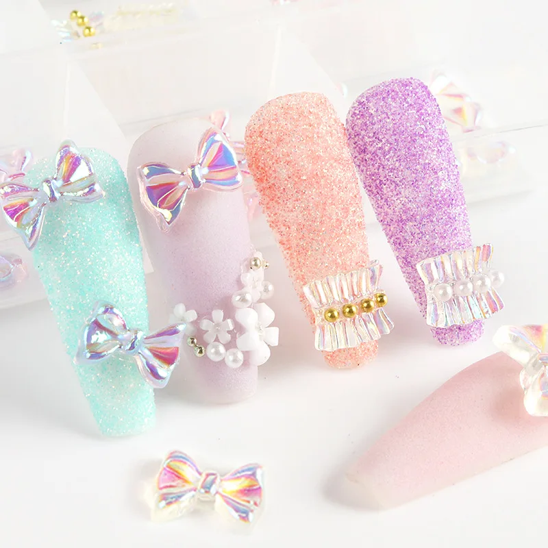 

30Pcs 3D Cute Aurora Nail Art Decoration Skirt Lace Bowknot Design Pearl Rhinestone Ornaments Holographic Manicure DIY Tips