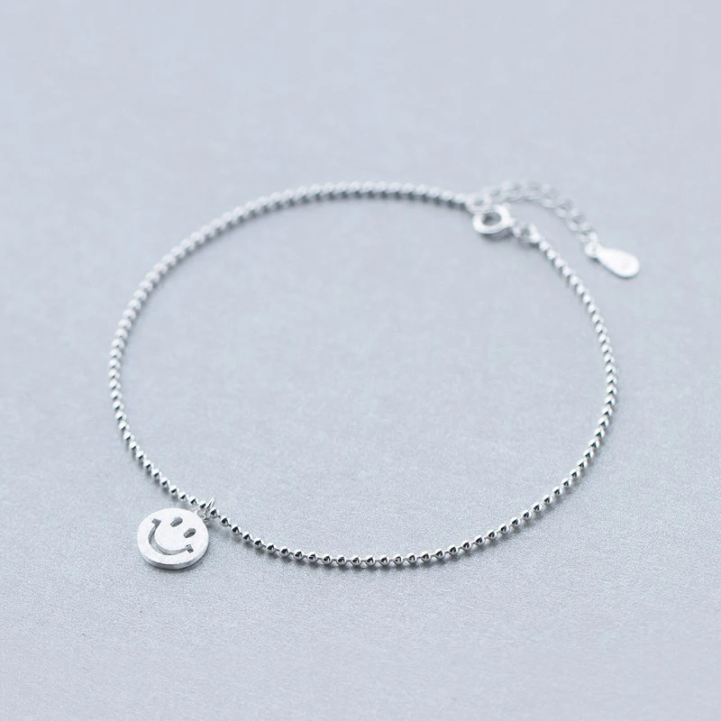 

100% Real 925 Sterling Silver Smile Face Ankle Bracelet Bead Chain Anklets foot Chains for Women Girls Summer Jewelry