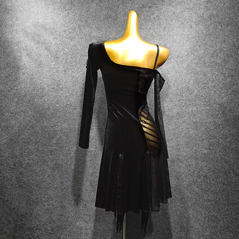 Женское платье для латиноамериканских танцев прозрачное с бахромой и одним