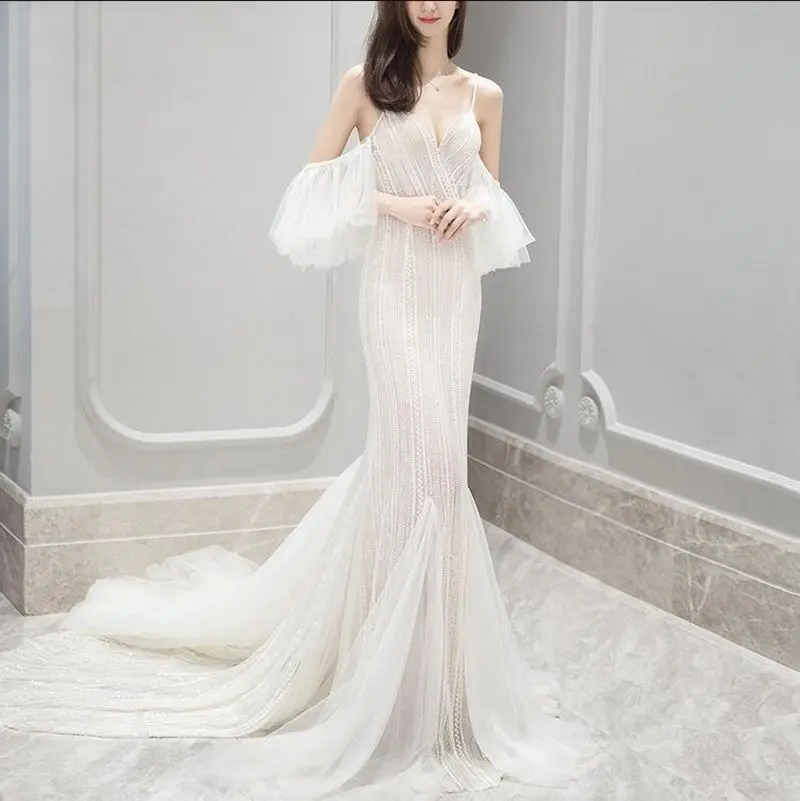 

9149#2020 New Designs Spaghetti Strap Empire Vintage Elegant Sleeve Sexy V-Neck Simple Lace Wedding Gowns Dress Bridal Mermaid