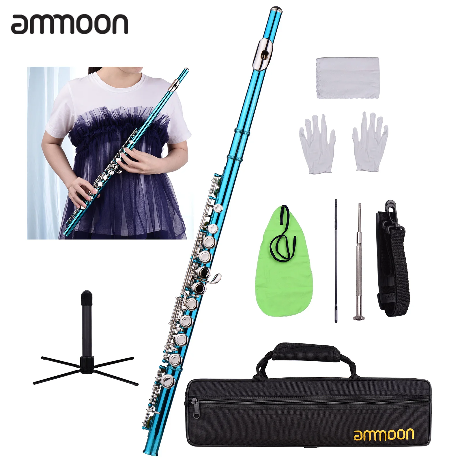 

ammoon Closed Hole C Flute 16 Keys Cupronickel Nickel-plated Wind Instrument with Carry Case Flute Stand Gloves Cleaning Cloth