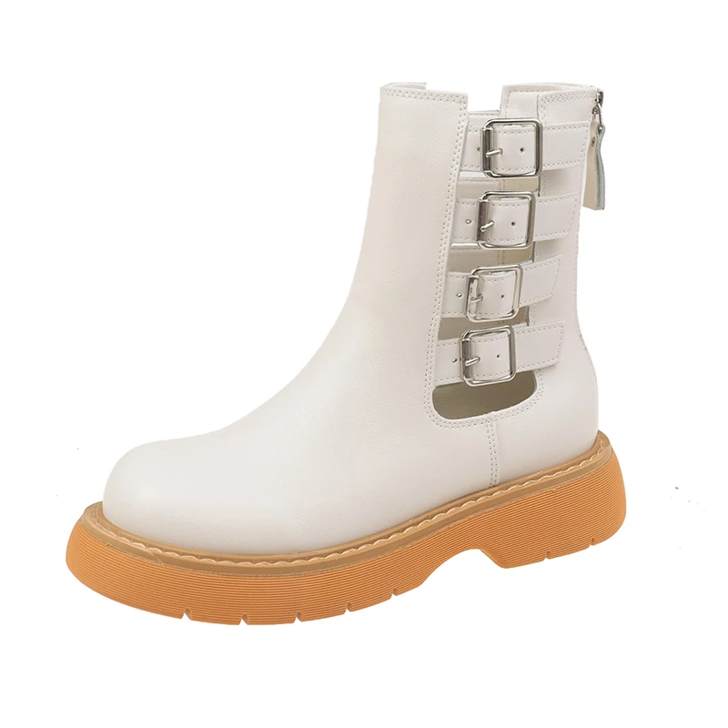 

Fashion Women's Spring and Autumn Martin Boots In Tube Round Head Telescopic Belt Rear Zipper Sexy Thick Bottom Thick Heel 2021