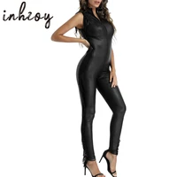 womens black leather bodysuit long sleeve zip front wetlook teddy lingerie clubwear