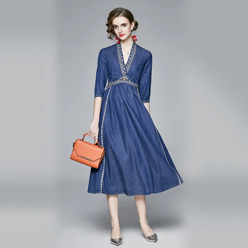 

Women Elegant Fashion Embroidery Denim Dress High Quality Long V-Neck Party Robe Femme Vintage Designer Blue Vestidos