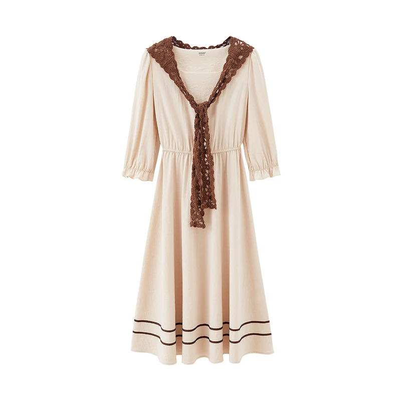 

INMAN Spring Women's Dress With Knitted Hollow Shawl Elegant Simple Causal Style Square Collar Elastic Cuffs Long Sleeve