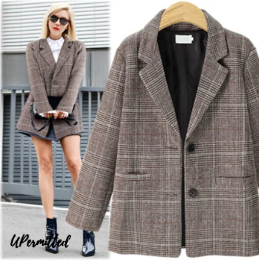 

2021 Autumn Winter Women's New Britain Retro Style Coats Casual Office Loose Plaid Vintage Blazers Women Wool Clothing Outewear