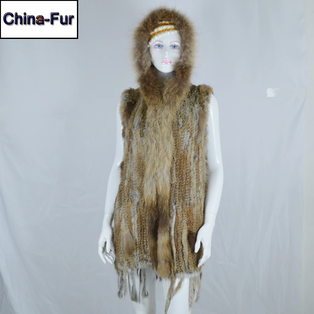 2020 Women Hooded Knitted Real Rabbit Fur Vests Genuine Long Gilet With Tassels Raccoon Collar Rabbitt Coat | Женская одежда