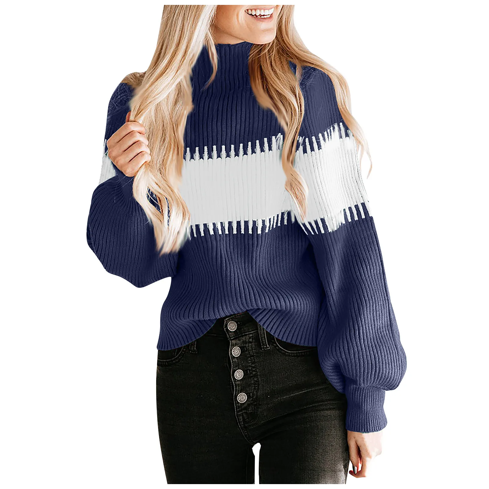 

Модный женский свитер, повседневный свободный свитер с длинным рукавом для женщин, водолазка, вязаный свитер в стиле пэчворк, пуловер, Женск...