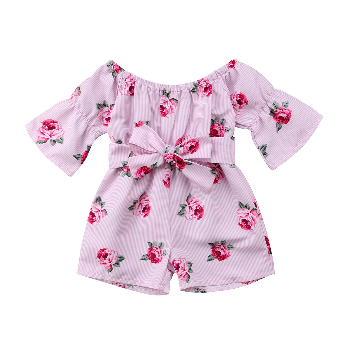 

Sweet Kids Baby Girl Floral Romper Summer New Off Shoulder Short Sleeve Bow Belt Jumpsuit Sunsuit Outfits Clothing 6M-5T