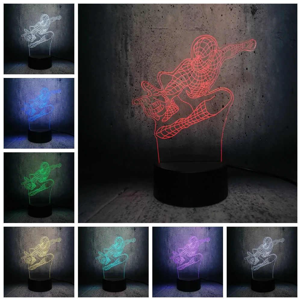 Крутой мультяшный 3D светильник с человеком-пауком светодиодный ночник USB RGB