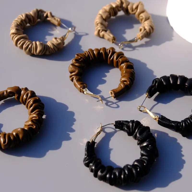 Женские винтажные серьги-кольца из ПУ кожи черные или Коричневые круглые серьги