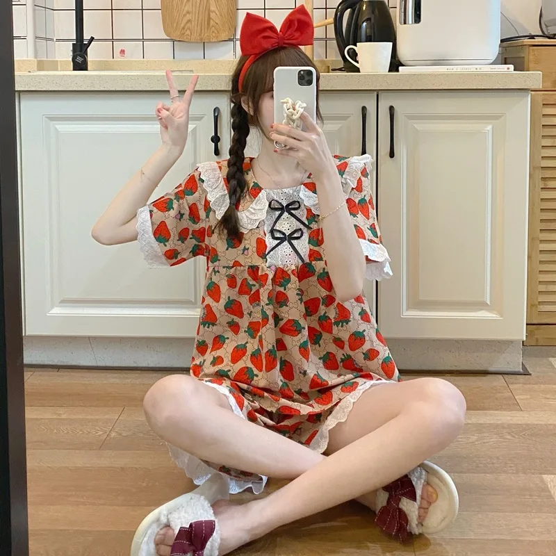 

Lace Shorts Pyjama Summer Pj Set Polyester Princess Nightwear Women's Pajamas Strawberry Print Sleepwear Comfort Lapel Home Wear