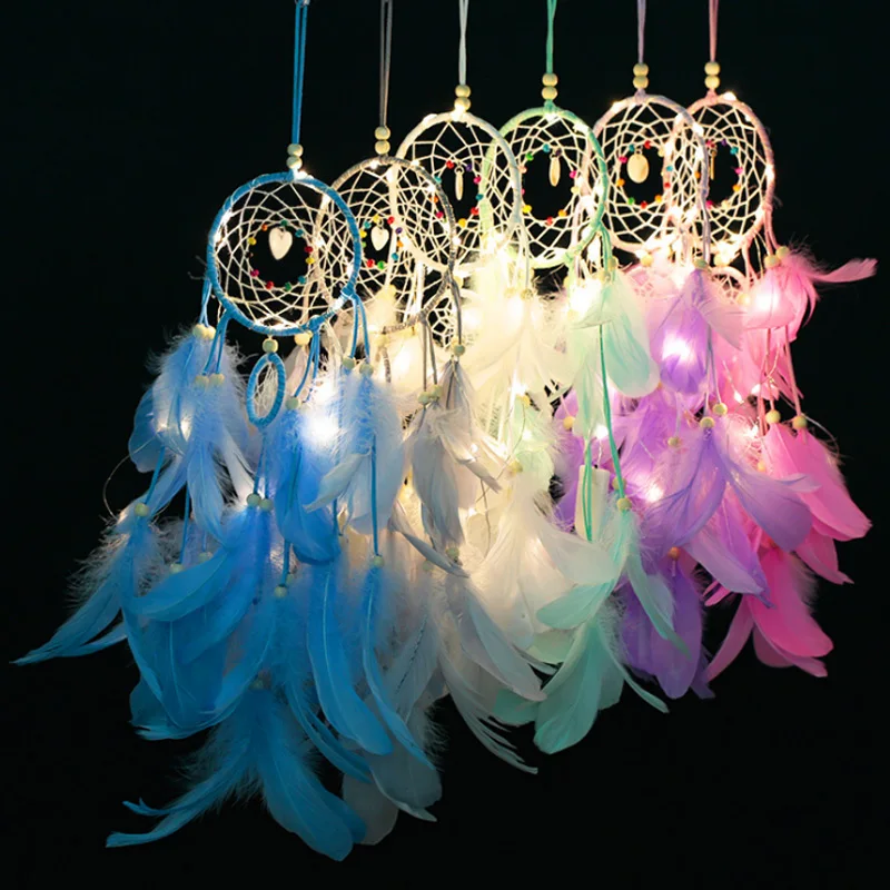 

1PC High Quality Girl Heart Dream Catcher Ornaments Popular Wrapped Lights Dreamcatcher Natural Feather Home Decoration