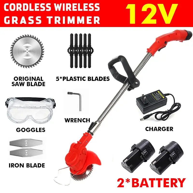 1200W 12V 24V Rechargeable Li-ion Cordless Electric Grass Trimmer Lawn Mower Weeds Cutter Pruning Garden Tools With 2xBattery