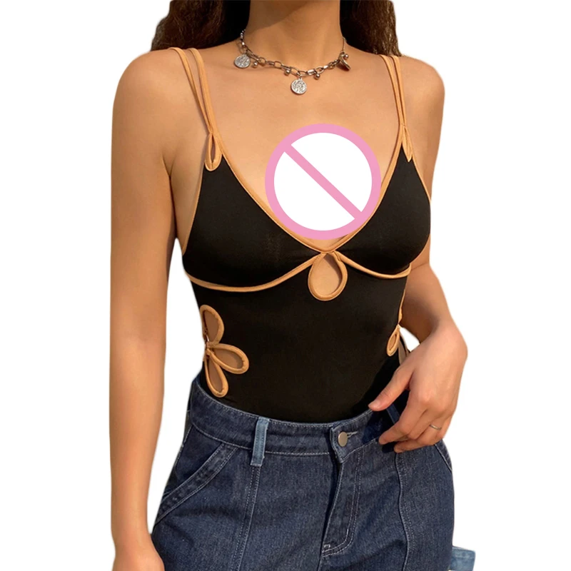 

Women Sexy Double Strappy Sleeveless Bodysuit Deep V-Neck Hollow Out Floral Leotard Contrast Color Backless Rompers