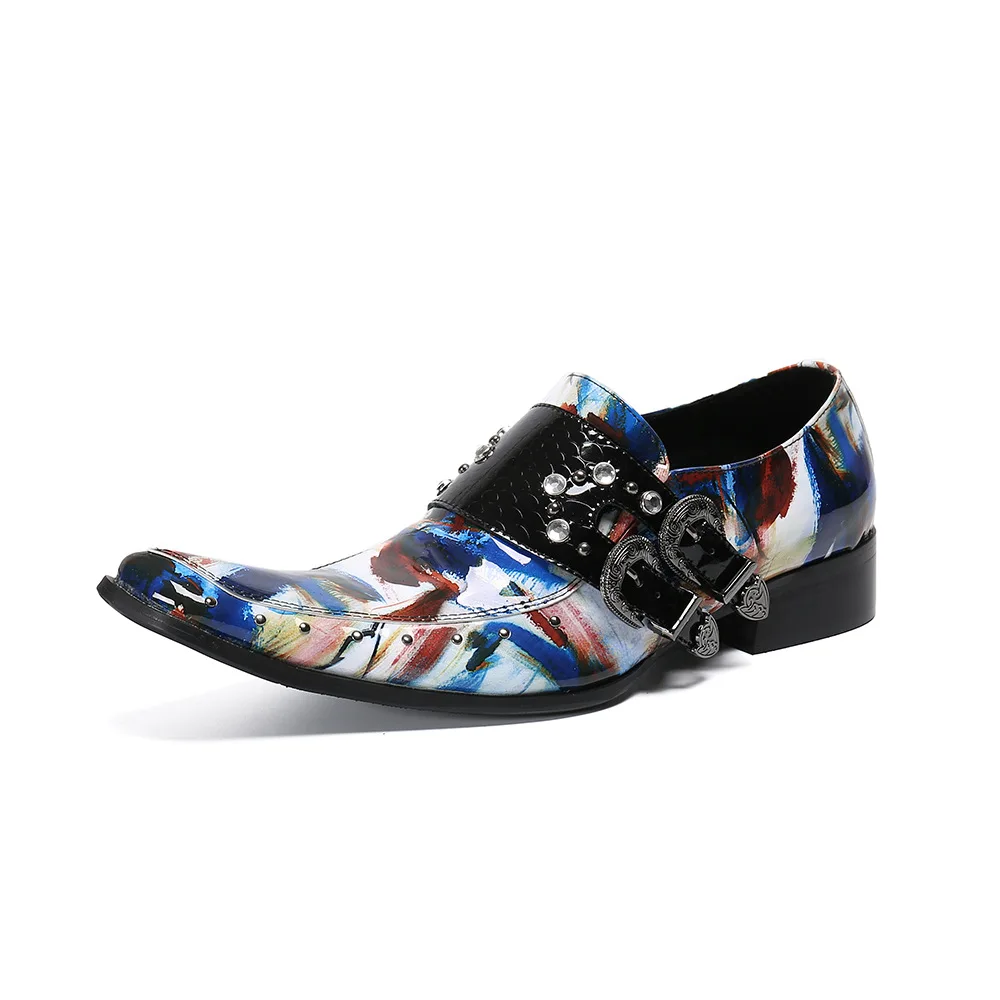 

Spring Business Men Shoes Gold Blue Print Adult Dress Footwear Slip-on Man Party Formal Shoes Plus Size Casual Shoes For Mens