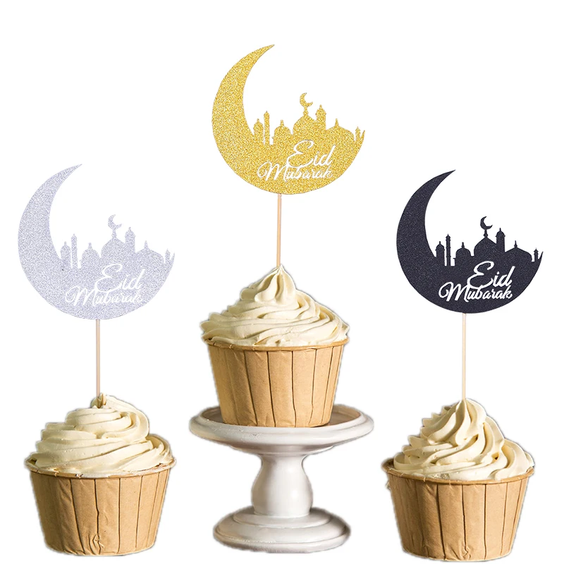 

20pcs Paper Moon Eid Mubarak Ramadan Mubarak Cupcake Toppers For Muslim Eid Party Cake Decoration 8*17cm