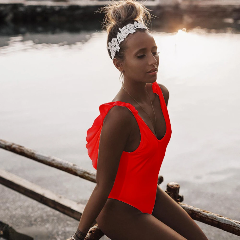 

2021 New Sexy Off The Shoulder Solid Swimwear Women One Piece Swimsuit Female Bathing Suit Ruffle Monokini Swim Wear XL