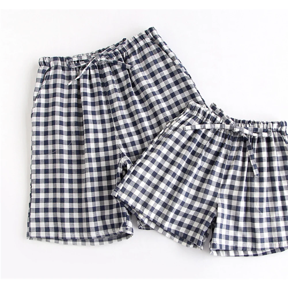 

Couple pajamas summer cotton gauze shorts Japanese style simple elastic waist casual large size lattice men and women home pants