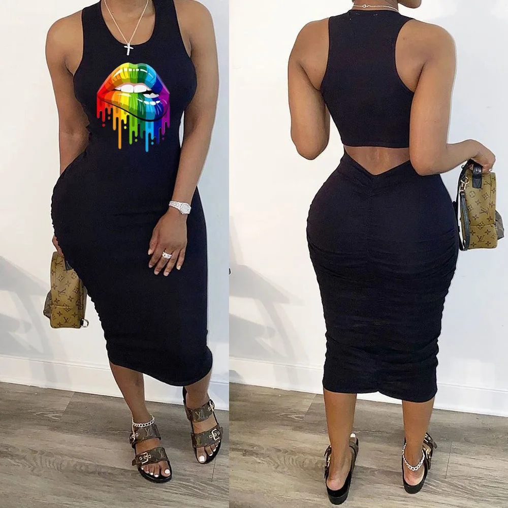 

Casual Summer Women Long Dress Sleeveless Back Hollow Out Sexy Dresses Outfit Big Mouth Print Fashion Skinny Clubwear Clothings
