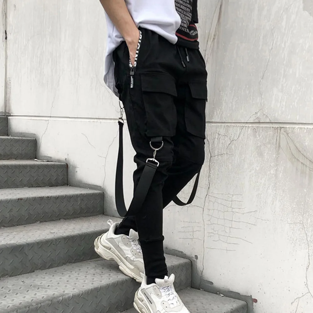 2019 мужские уличные штаны черные шаровары светильник панковские с лентами