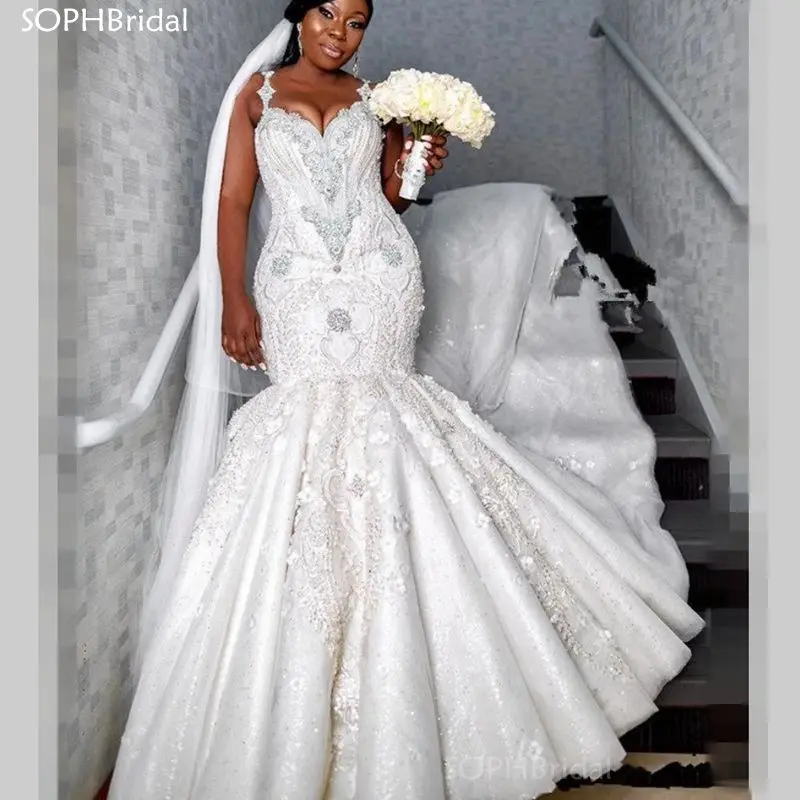 

New Arrival Dubai Luxury Beaded Mermaid Wedding Dresses Crystal Spaghetti Wedding Vestidos African Bridal Dress Vestido de Novia
