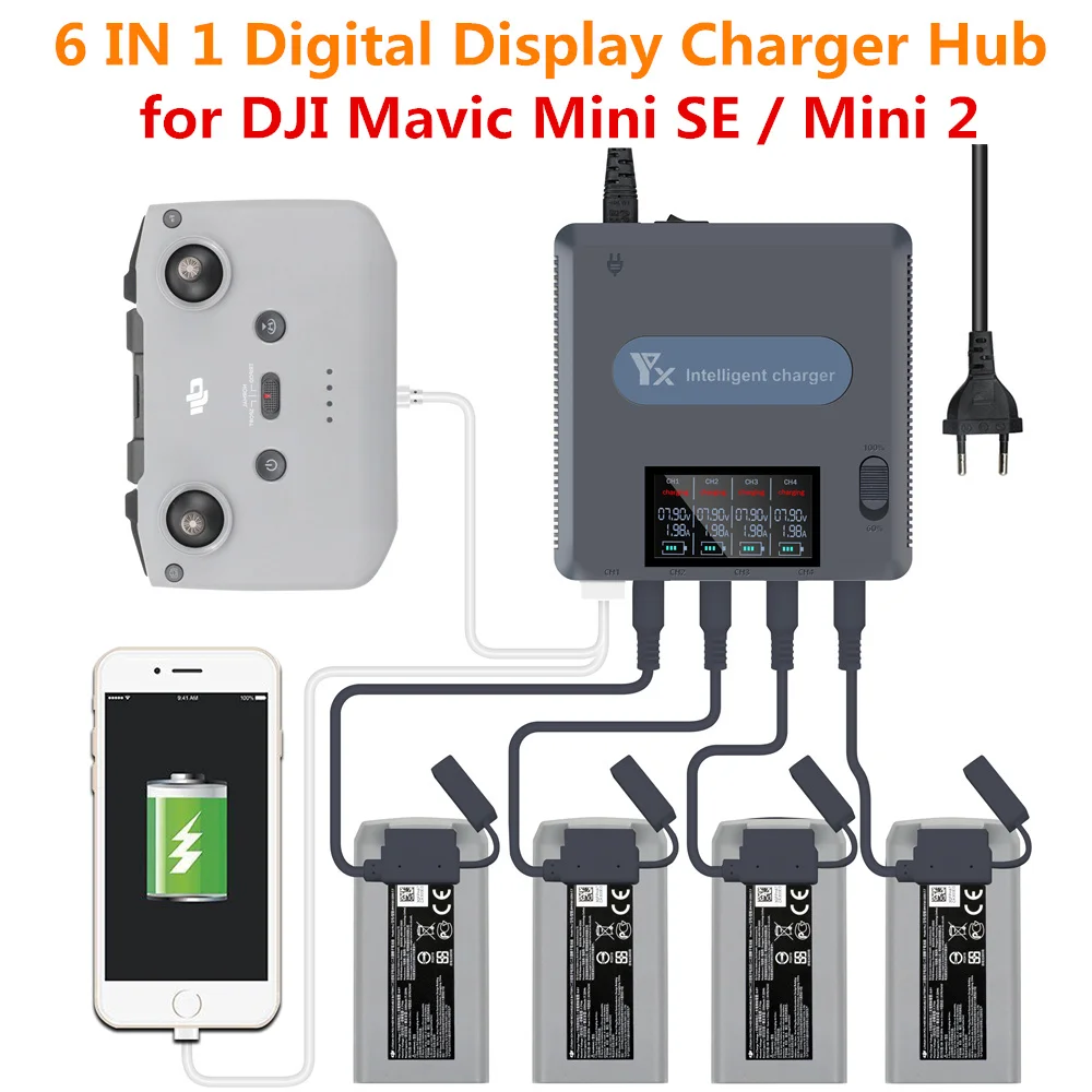

Зарядное устройство 6 в 1 с цифровым дисплеем для DJI Mavic Mini 2/SE