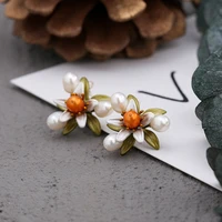 new luxury orange flower earrings women party wedding accessories flowers pearl earring gift