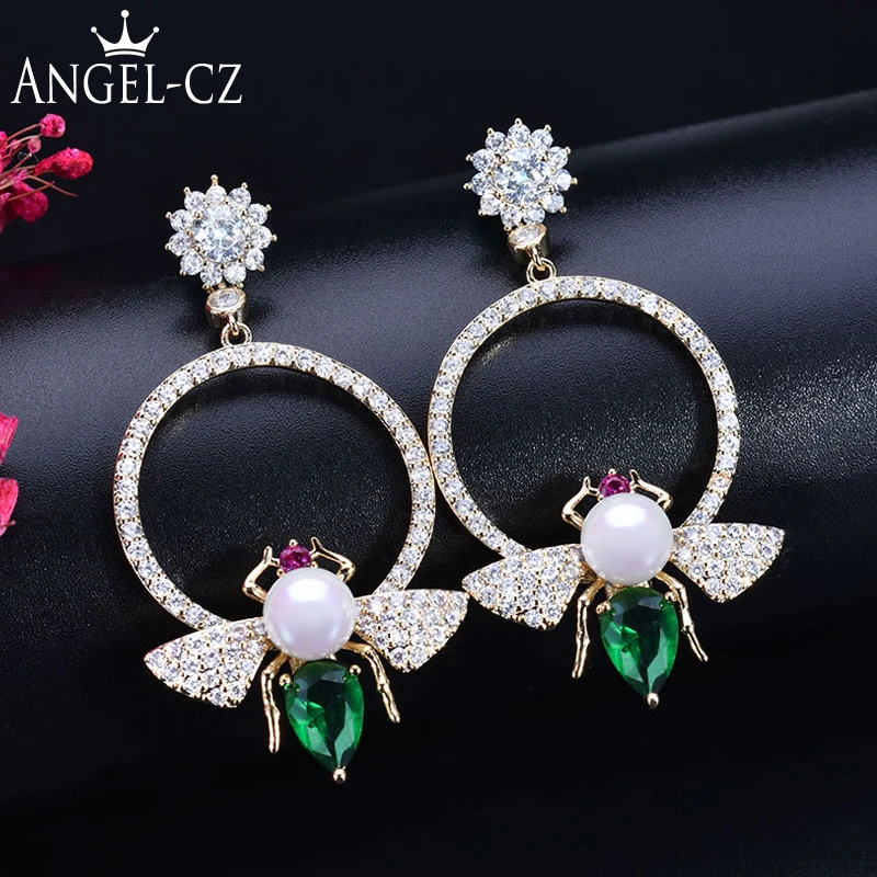 ANGELCZ милые большие круглые серьги-подвески с жемчугом в виде пчелы золотые