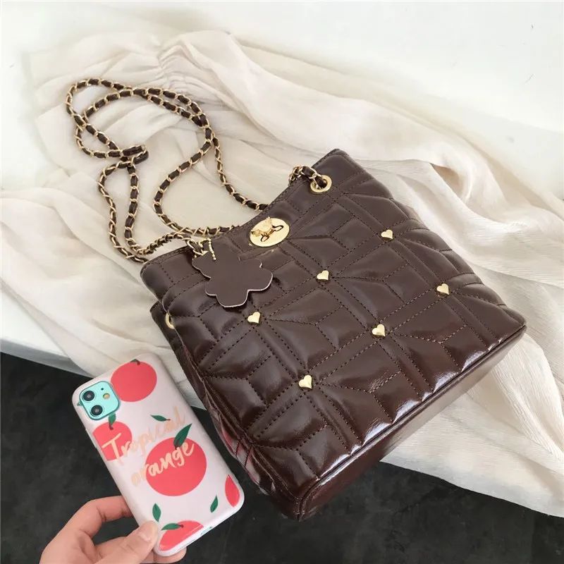 Vintage Ladies Soft Leather Chains Bucket Bags Plaid Rivet Handbag And Purse Women Fashion Simple Large Capacity Shoulder | Багаж и сумки