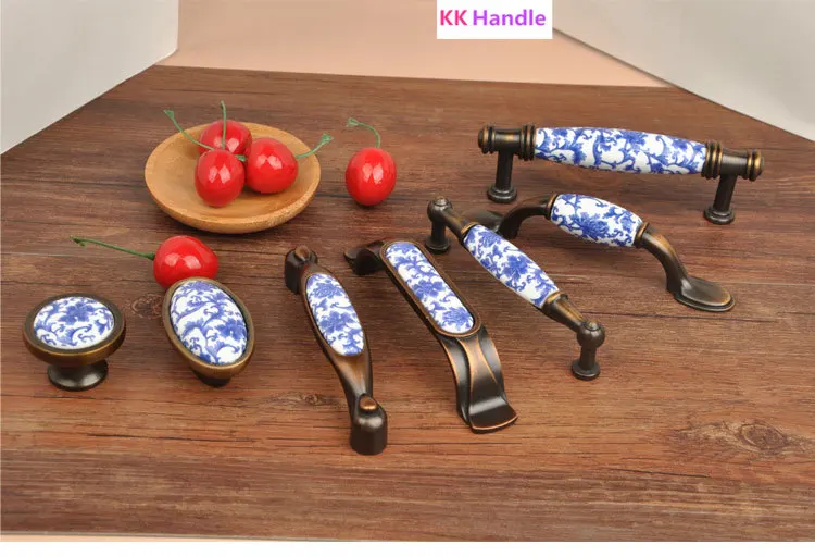 2 шт. Модная креативная синяя мебельная керамическая ручка бронзовая для ящика